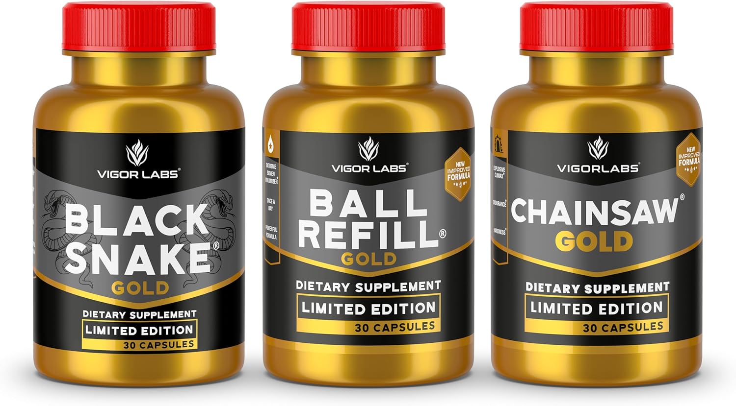 Vigor Labs' Gold Stack, Limited Edition. Triple Stack with 3 Products in One Pack. Boosts Firmness, Volume and Stamina (30 Capsules Per Bottle)